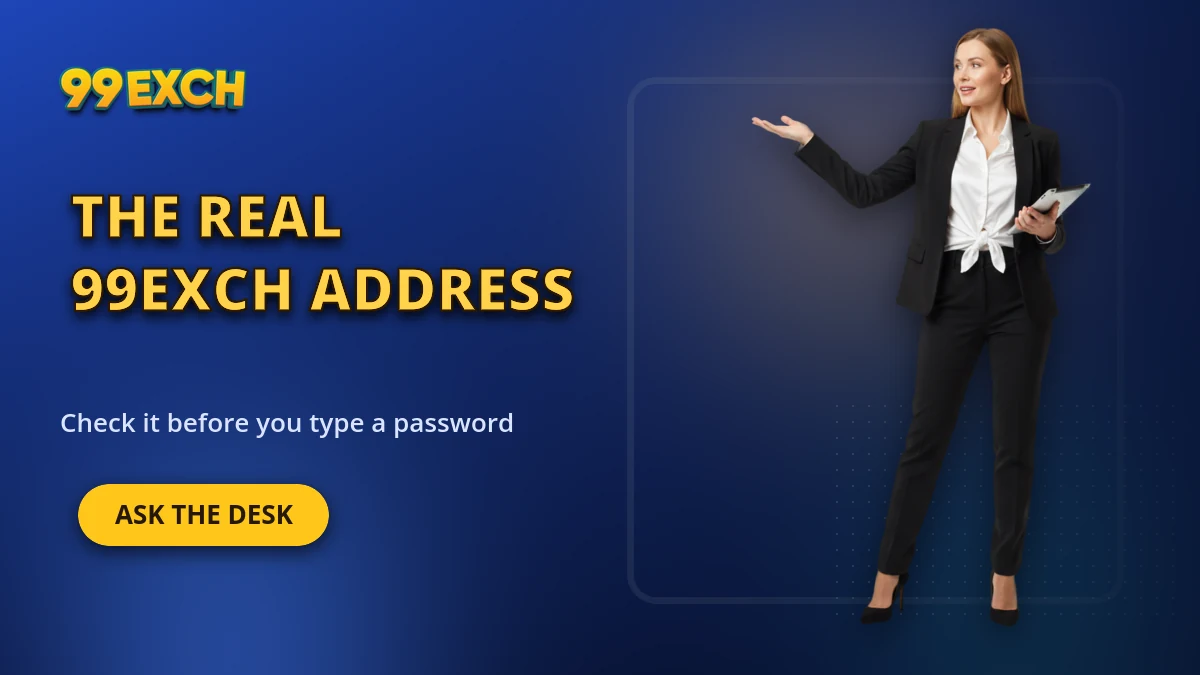 The real 99exch address banner advising you to check it before typing a password