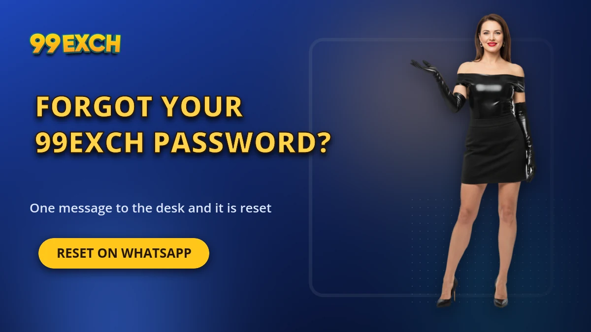 Forgot your 99exch password banner showing the WhatsApp reset route to the desk