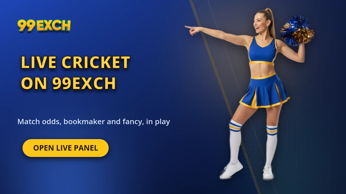 Live cricket on 99exch banner showing in-play match odds, bookmaker and fancy markets
